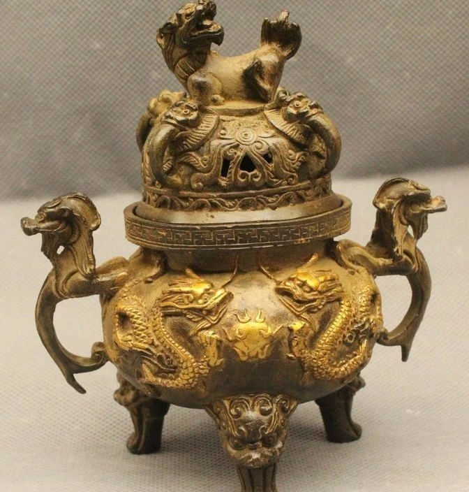 

6" Marked Chinese Bronze Gild Lion Dragon Beast Handle Incense Burner Censer