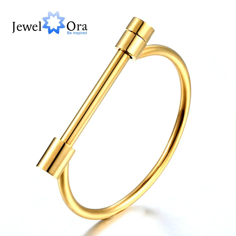 

Unisex Shackle Screw Cuff Bangle Rock Punk Style Gold Color 316L Stainless Steel Women Bracelet Unique Gift (JewelOra BA101556)