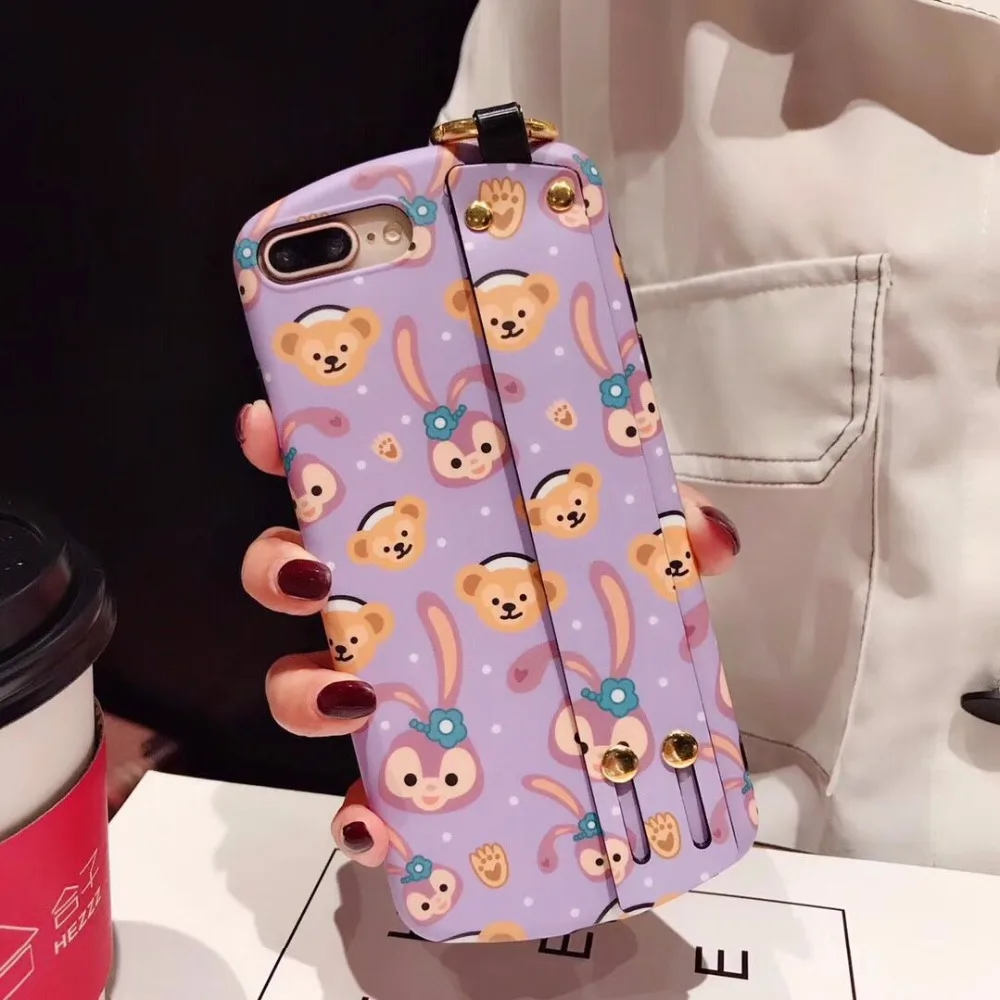 

Cartoon cute bear rabbit motif phone case with curved wrist strap frosted imd for iPhone XS Max XR X For iphone 6 6s 7 8 Plus