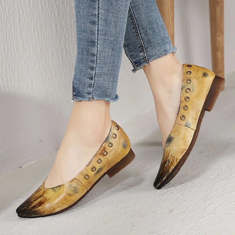 

2019 VALLU Pointed Toes Women Flats Genuine Leather Handmade Retro Natural Leather Lady Shoes Slip On Loafers