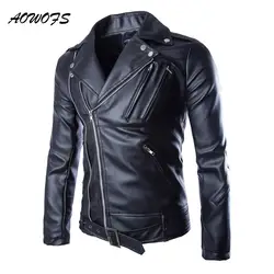 Aowofs Для мужчин s Кожаные куртки классический мотоцикл куртка Для мужчин отложным воротником Slim Fit Корейская кожаная байкерская куртка