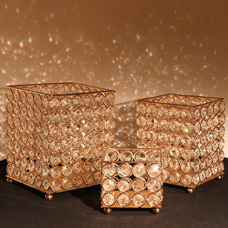 

H&D Gold Square Candlestick Crystal Candle Holder Flower Pen Holder Home Wedding Coffee Table Decorative