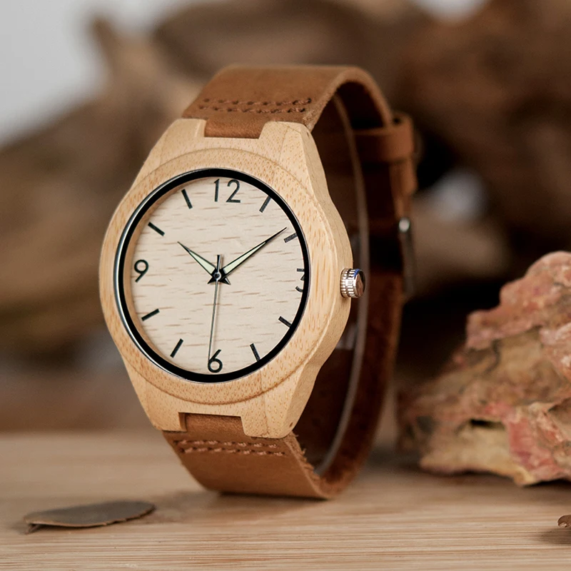 BOBO BIRD Men's Bamboo Watches With Leather Band Japan Movement Quartz Wristwatches Ideal Gifts C-A40 Accept DROP SHIPPING