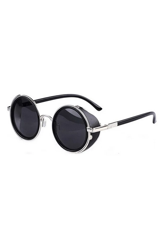 

80's Vintage Style Classic Round Steampunk Sunglasses-Black With Silver Edge
