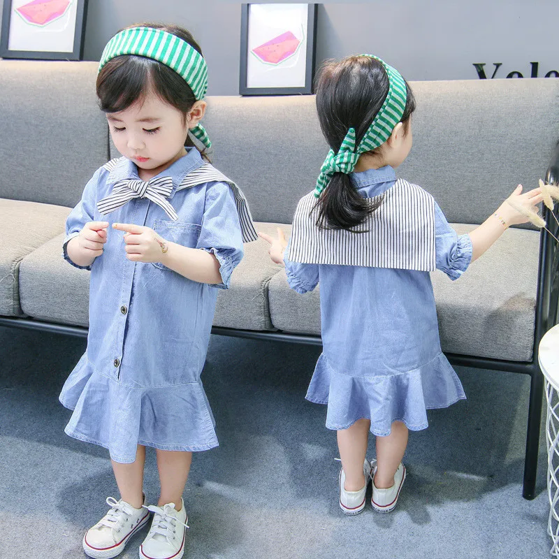 Летнее джинсовое платье для девочек Детские платья с короткими рукавами и матросским воротником детское платье темно-синего цвета