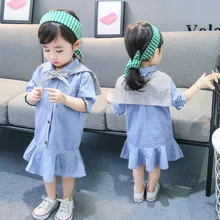 Летнее джинсовое платье для девочек Детские платья с короткими рукавами и матросским воротником детское платье темно-синего цвета