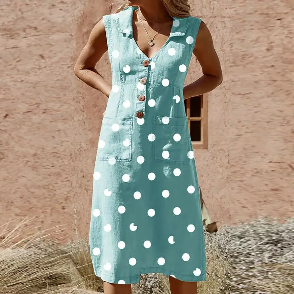 

2019 Fashion Women Sleeveless Summer Polka Dot Dress Beach Ladies V Neck Casual Midi Shirt Beach Sundress