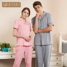 Qianxiu/, парные стильные хлопковые классические комплекты в клетку с короткими рукавами и брюки, летние мужские пижамы, 91910