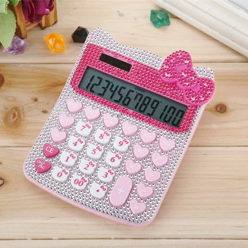 

Lovely Hello Kitty Calculator Pink Twinkling 12 Digital Solar Pink Cute Luxury Rhinestone Crystal Diamond Calculator for Girls