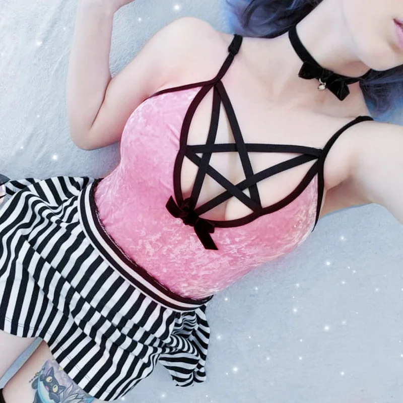 

Sexy Dark Fashion Sling Five-pointed Star Bodysuits Pentagram Hollow out Skinny Gothic Women Velvet Jumpsuits Rompers