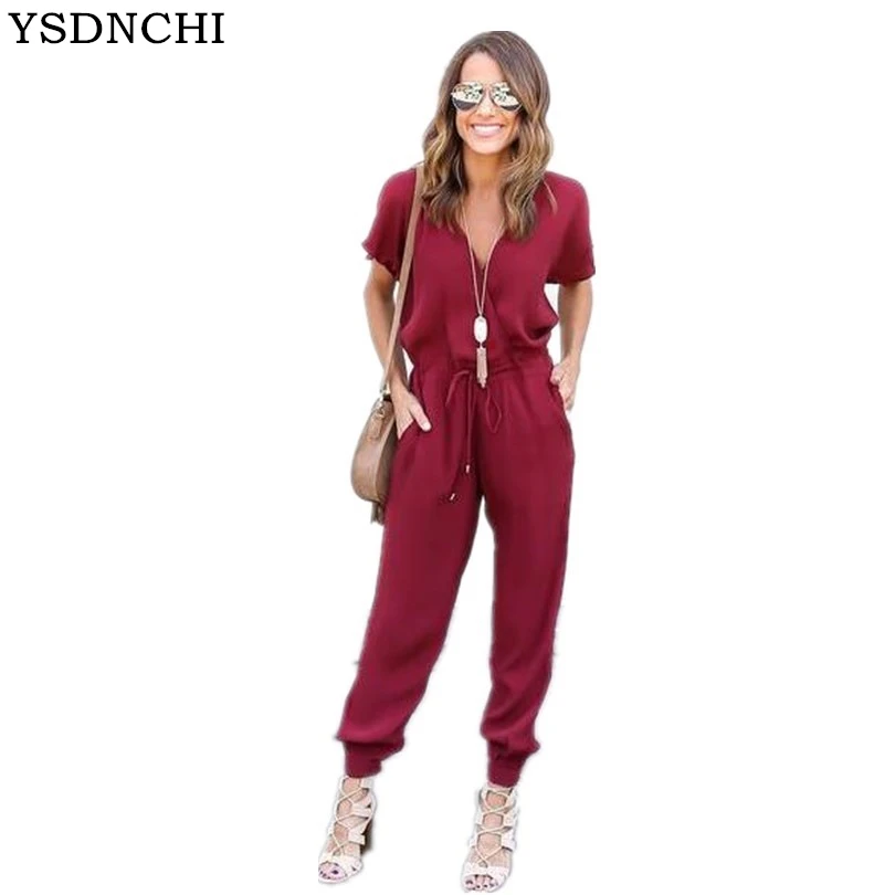 

YSDNCHI Jumpsuit Solid Surplice Front Self Tie Jumpsuits For Women Workwear Elegant Ladies Half Sleeve Twin Pockets Jumpsuit