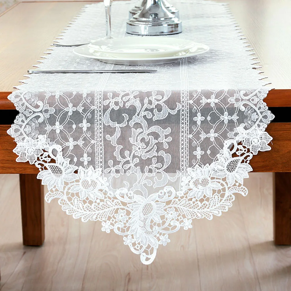 Embroidered Lace Table Runner TV Bench Stand End Table Cover Decoration 40cm x 70 90 120 150 180 210 250 280cm White