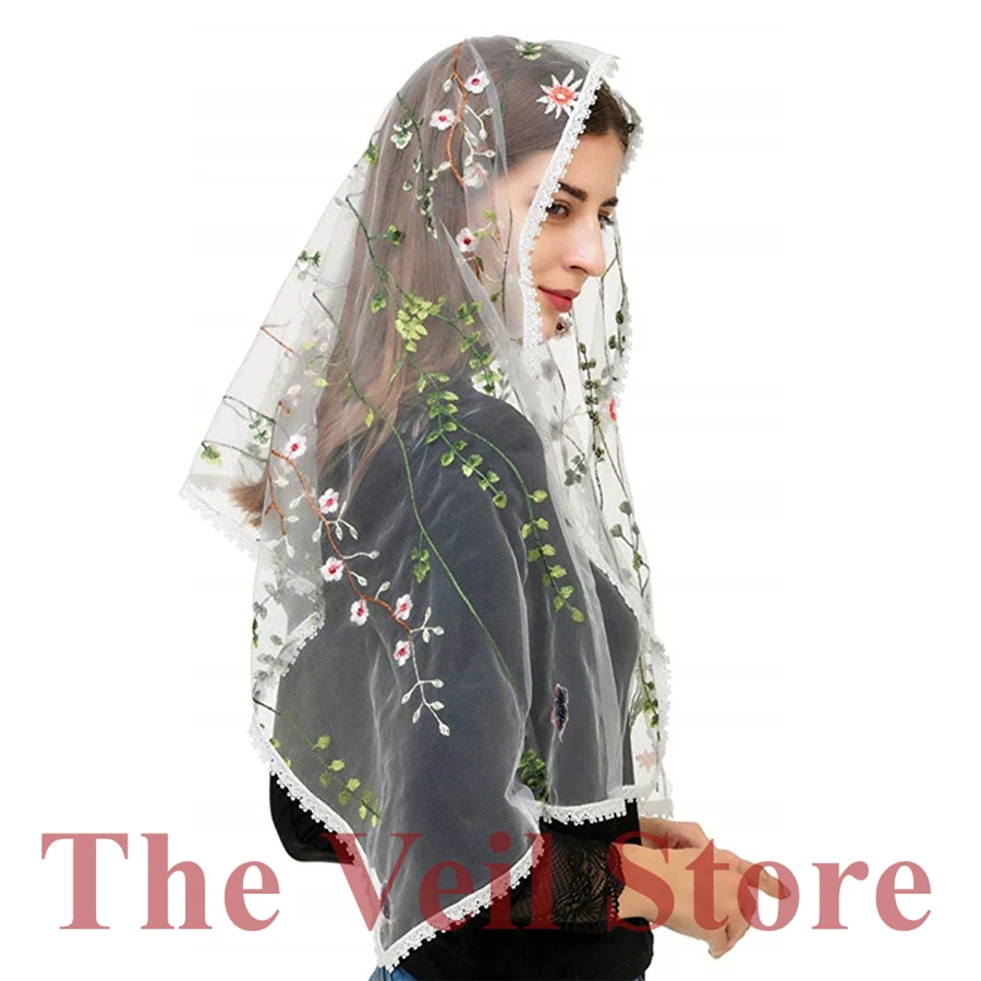 

Mantilla Chapel Veils for Church Women Scarf HeadCover Latin Mass Vintage Velo Mantilla de Novia Mantille Embroided Floral Lace