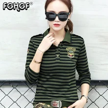 Высококачественная Повседневная рубашка поло размера плюс, женские топы с длинным рукавом, Военный стиль, хлопок, армейский зеленый цвет, в полоску, тонкая рубашка-поло M822