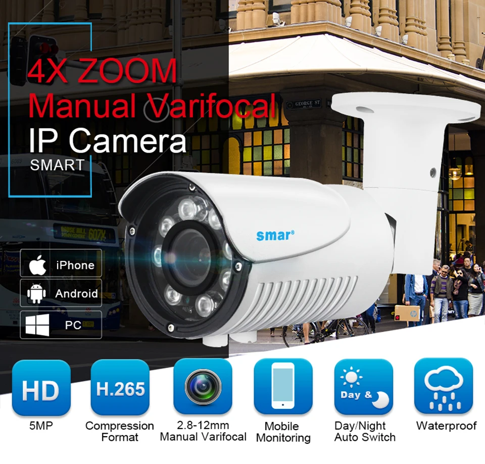 Smar Manual Zoom 4X Lens 2.8-12mm 5MP 25921944 H.265 IP Camera HI3516D + 12.5'' PS5510 Outdoor Waterproof Security Camera  (1)