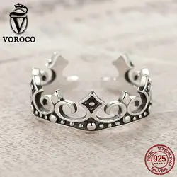 VOROCO Ретро стерлингового серебра 925 Корона кольцо принцессы Элегантный Лидер продаж Группа Открытый манжетный Регулируемый для женщин