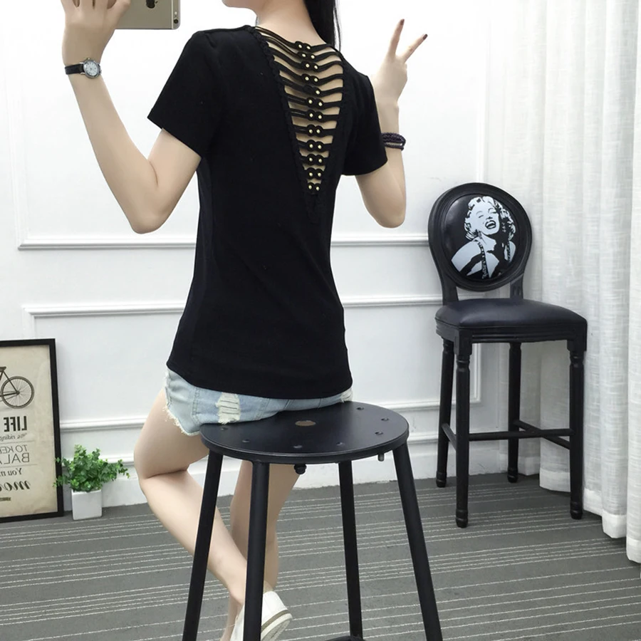 Sexy t Shirt Women Backless Casual Summer Mesh Top Oversized t Shirt Ulzzang Korean Style t-Shirt Camisas Mujer Vogue 60C153 Tops