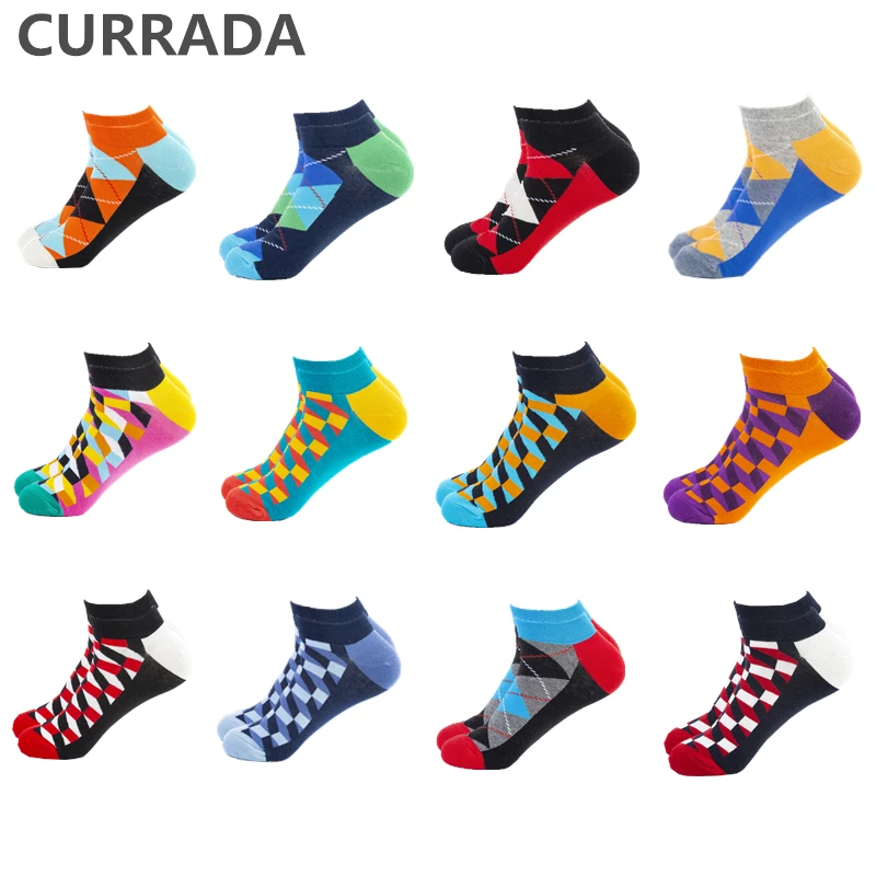 Best CURRADA 12 Pairs Lot Men Happy Ankle Socks Hip Hop Novelty Creative Casual Summer Boat Socks Combed Cotton Colorful Short Socks