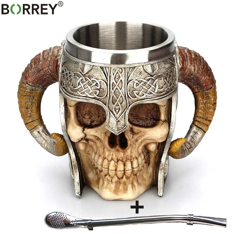 buy BORREY European Coffee Mugs Stainless Skull Mug Cup 3D Skull Wine Glass Coffee Cup Teacup Metal Beer Cup Mug With Straws Spoon
