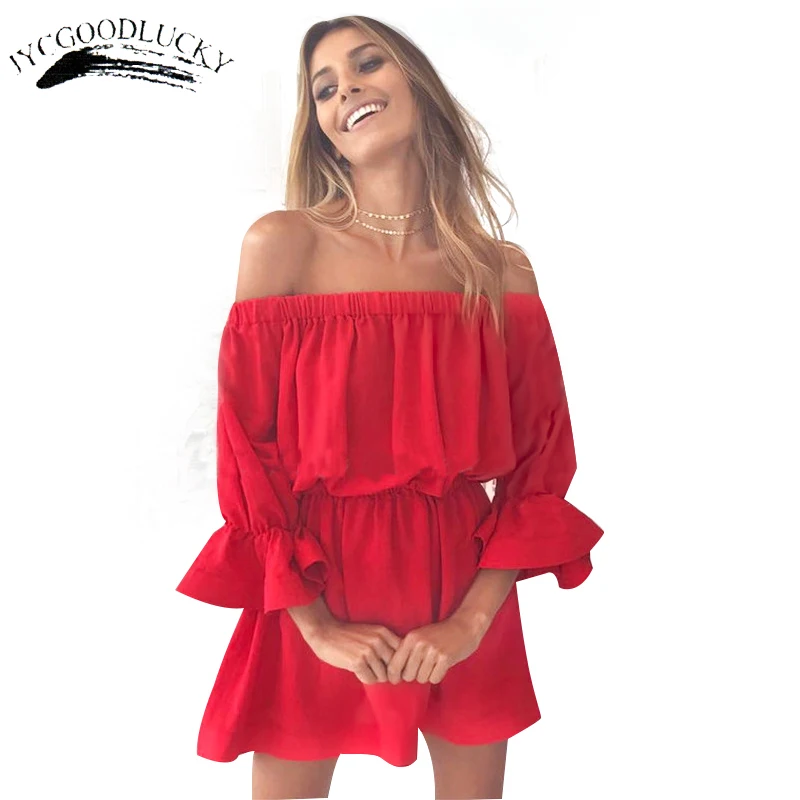 

Slash Neck Summer Dresses Ruffles Cute Dress Elegant Slim Waist Mini Short Dresses Strapless 2019 Female Clothing Plus Size