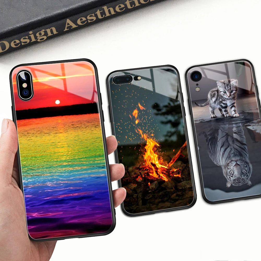 

FinderCase XS MAX Case for iPhone Tempered Glass Rainbow Sunset Cat Moon Case for iPhone XR XS MAX 6 6S 8 7 plus X 11 pro max