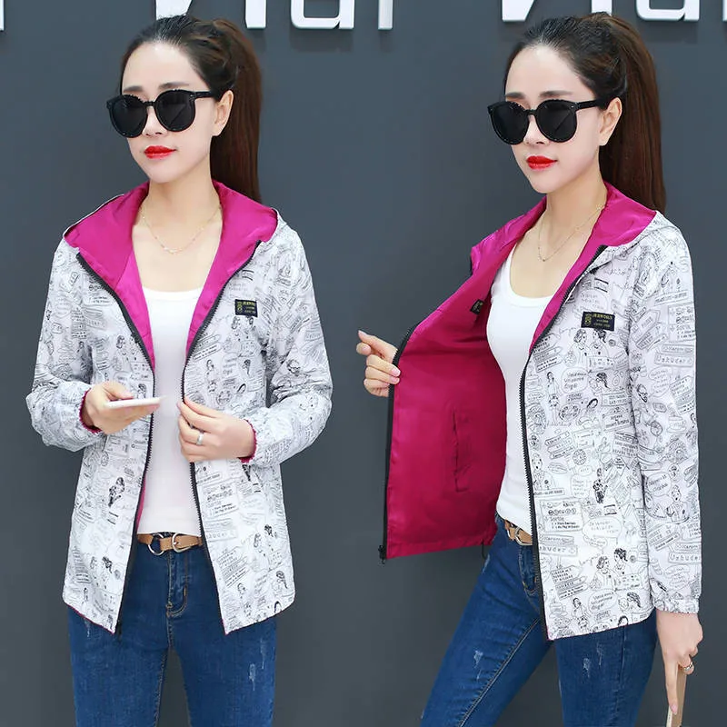 incredible  Spring Autumn Women casual Basic Jacket Pocket Zipper Hooded Two Side Wear Cartoon Print Outwear Lo