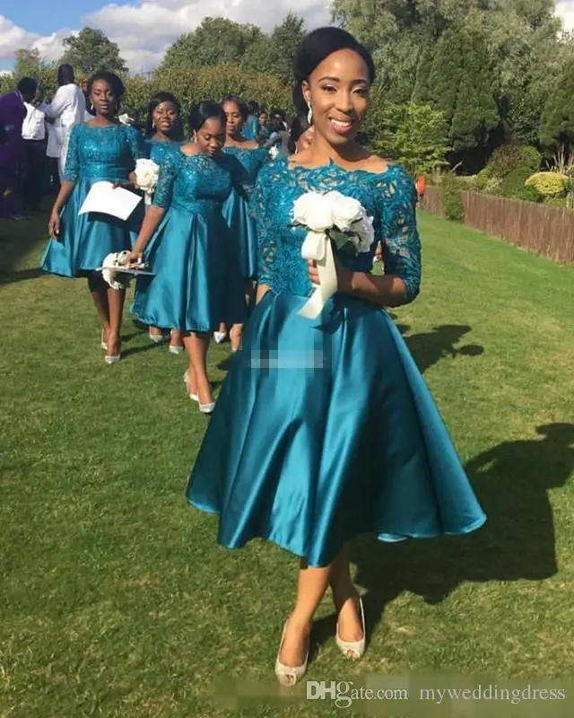 2017 Short Satin Green Bridesmaid Dresses Long Sleeve Vintage Tea