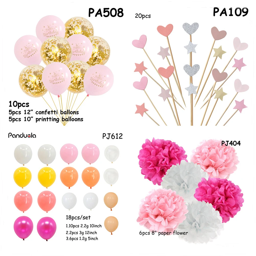 

Pink Party Decoration Balloons 1 Year Children's birthday Decoration Infant holiday decoration pink straw party supplies pom pom