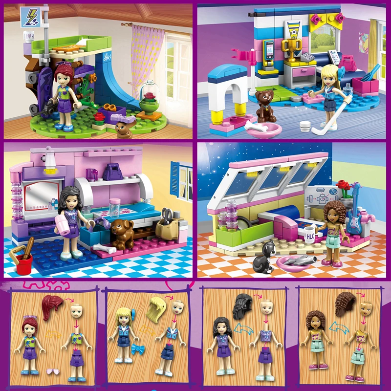 

4PCS/lot LegoINGlys Friends Series Creative Scene Bath Sleeping Room with Minifigure Building Blocks Toys For Kids Girls Gifts