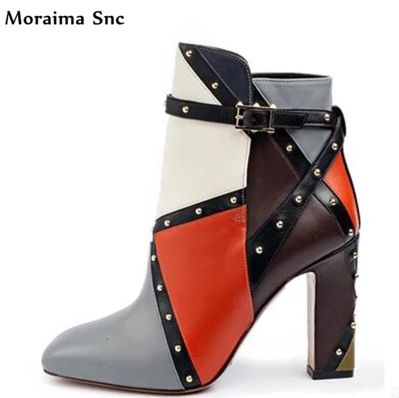 

Moraima Snc fashion women Ankle boots mixed colors high heel Rivets studded Ankle strap square heel handmade square toe