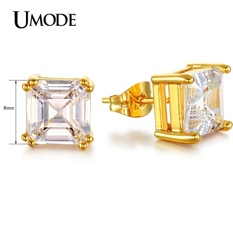 Umode 8 мм 2.5 карат Asscher огранка ясно цирконий позолоченные имитация алмаз сообщение стад серьги для женщин UE0187A