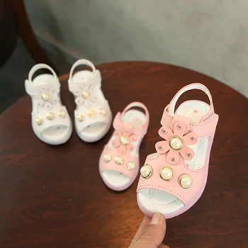 

Baby Sandals Pearls Flowers 2018 Summer Children's Sandals Girls Princess Shoes Pink Beads Flat Summer Shoes