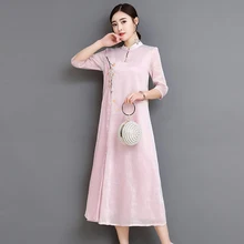

Chinese Wind Tea Service Female Dress 2018 New Spring Summer Vintage Stand Collar Delicate Embroidered Zen Office Lady Dresses