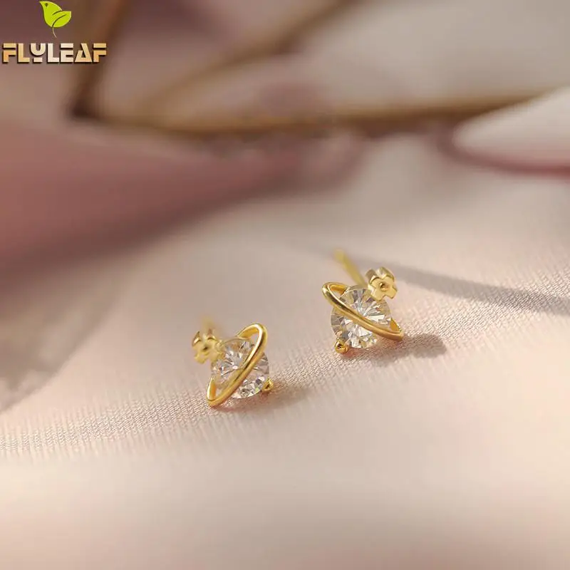 

Flyleaf 100% 925 Sterling Silver Round Cubic Zirconia Saturn Golden Stud Earrings For Women Fashion Party Jewelry