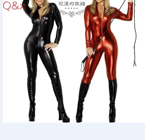 

YQ19 2017 Female PVC Patent Leather Black Red Bodysuit Gothic Look Liquid Play Game Teddy Body Suit Stretch Crotch Zip Costume