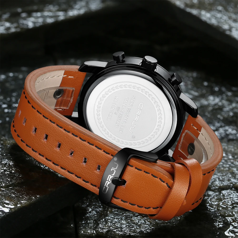Mens Watches Chronograph Watch New Fashion CRRJU Top Brand Luxury Watch Military Quartz Watch Leath