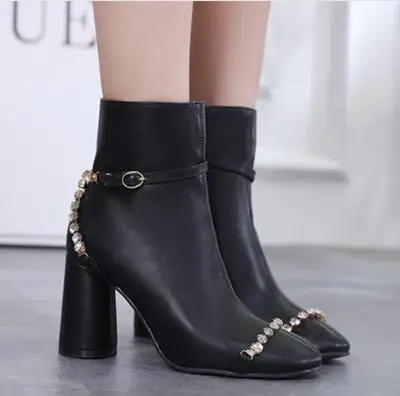 

Europe and the United States black leather shoes ankle boots women's thick high-heeled rhinestone short tube wild women's boots