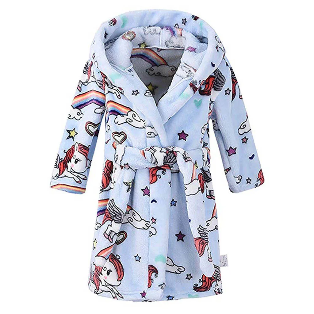 Фланелевые банные халаты с капюшоном и принтом для маленьких мальчиков и девочек; махровые пижамы; Модный ночной костюм; pour enfants# g6 - Цвет: Синий