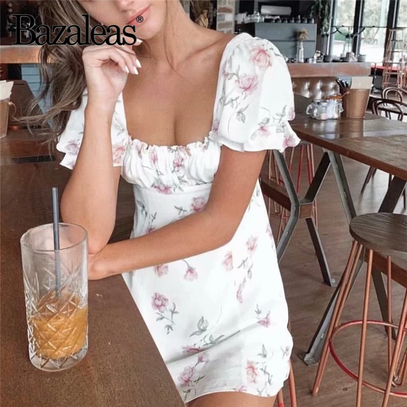 

Bazaleas Vintage Elastic Bust Puff Sleeve vestido Ruffles Summer Dress Holiday party dress Floral Print women dress drop ship