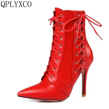 

QPLYXCO 2017 New Big size 34-47 ankle boot short Autumn winter Sexy Women's Pointed Toe high heels wedding Party shoes 584-2