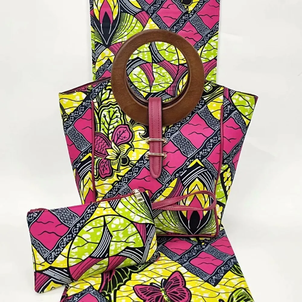 

3pcs Hot sell african women's wax handbag set with 6yards beautiful prints real wax hollandias fabric,Fashion high quality F95-1