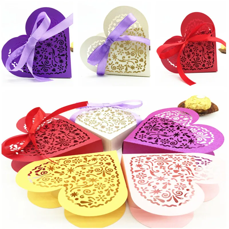 10Pcs Hollow Love Heart Favor Ribbon Gift Box Candy Boxes Wedding Party 
