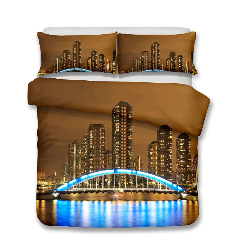Набор пододеяльников для пуховых одеял в стиле Нью-Йорк с ночным видом HD с облачным небом и закатом в городе, Модные постельные принадлежности с фотопечатью, набор королевских размеров, синий