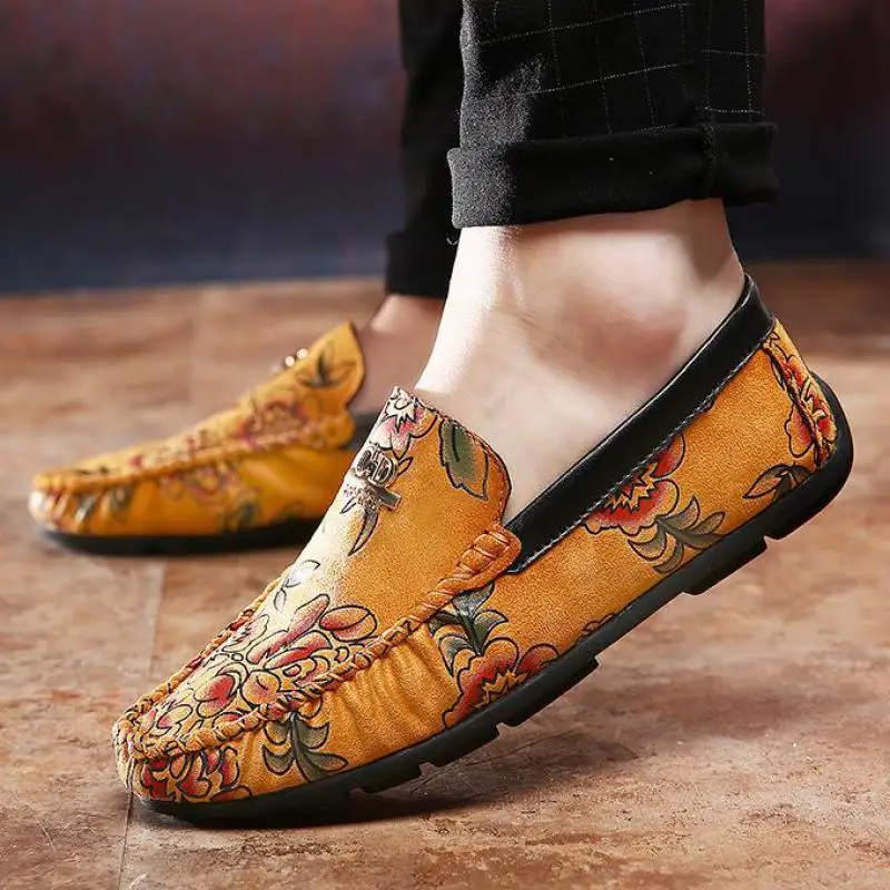 

Mens Genuine Leather Floral Printed Shoes Moccasins Men Loafers Breathable Comfortable Soft British Driving Shoes Casual Spring