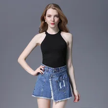 Women's summer button, white, washed high-waist denim skirt, broken edge, edging, A-line cotton culottes Women's summer button, white, washed high-waist denim skirt, broken edge, edging, A-line cotton culottes