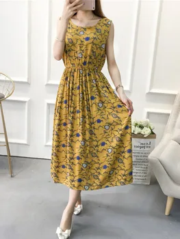 

Elegant Floral Print Long Summer Dress Women High Waist Sleeveless O-neck Beach Party Casual Midi Dresses Plus Size 3XL Sundress