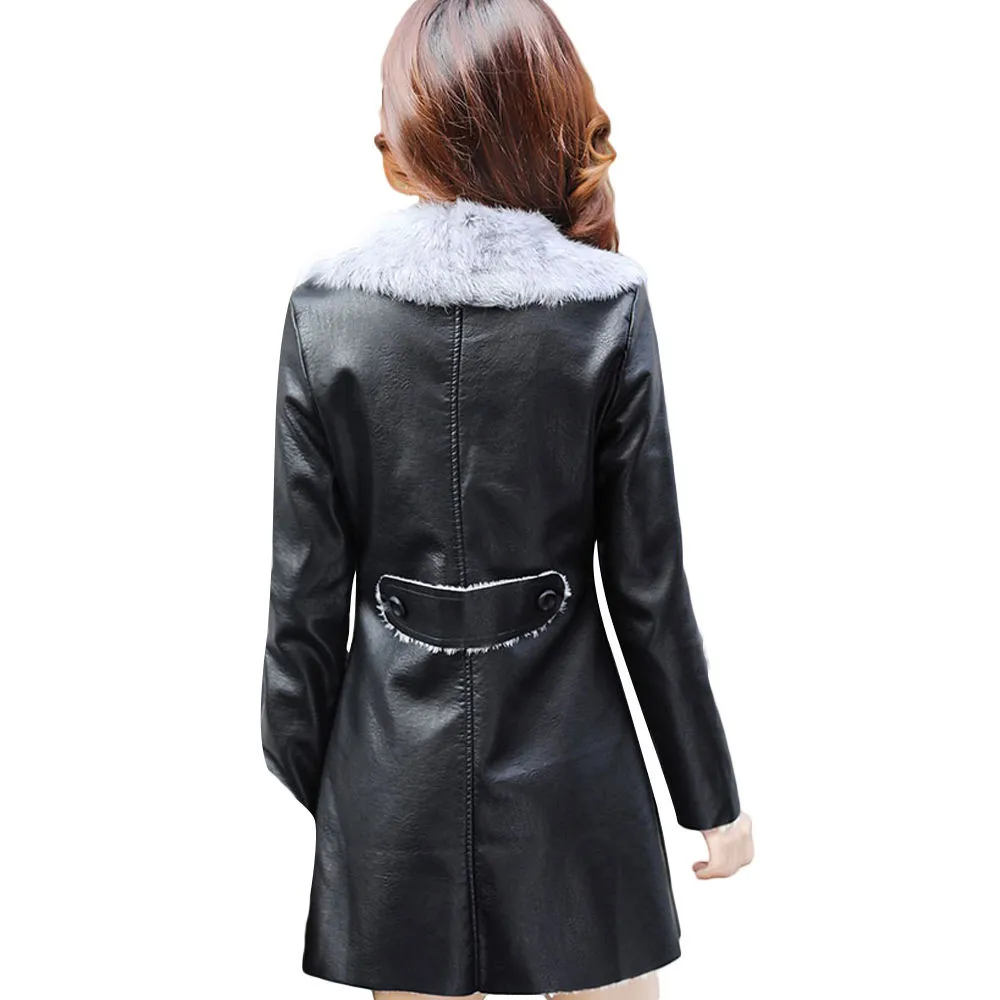 Страуса из искусственной кожи Куртка осень-зима женские Модные тонкий Костюмы черные длинные куртки пальто D40