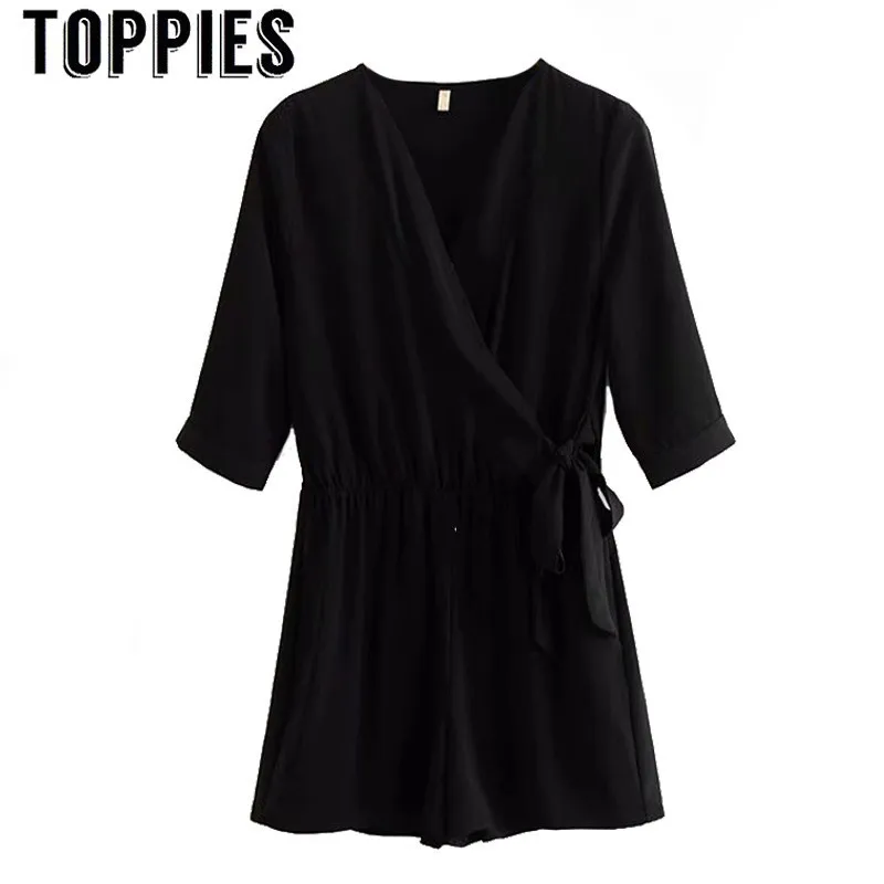 

Black V Neck Playsuits 2019 Summer Jumpsuits Women Lace Up Waist Rompers Solid Color Overalls RMGS1905