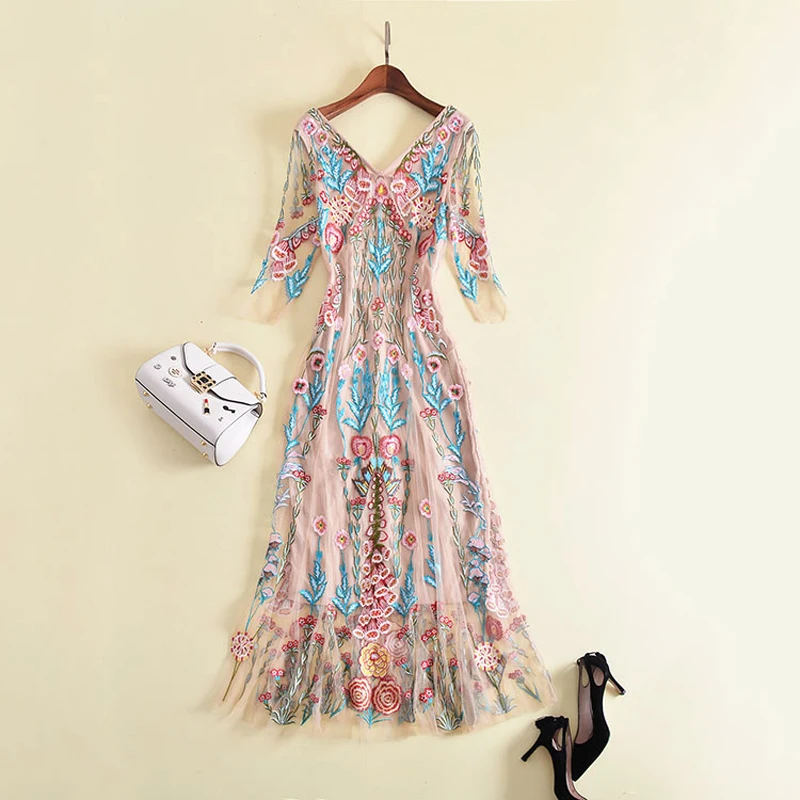 New Fashion 2018 Designer Runway Dress Women's 3/4 Sleeve Luxury Embroidery Gauze Long Dressin