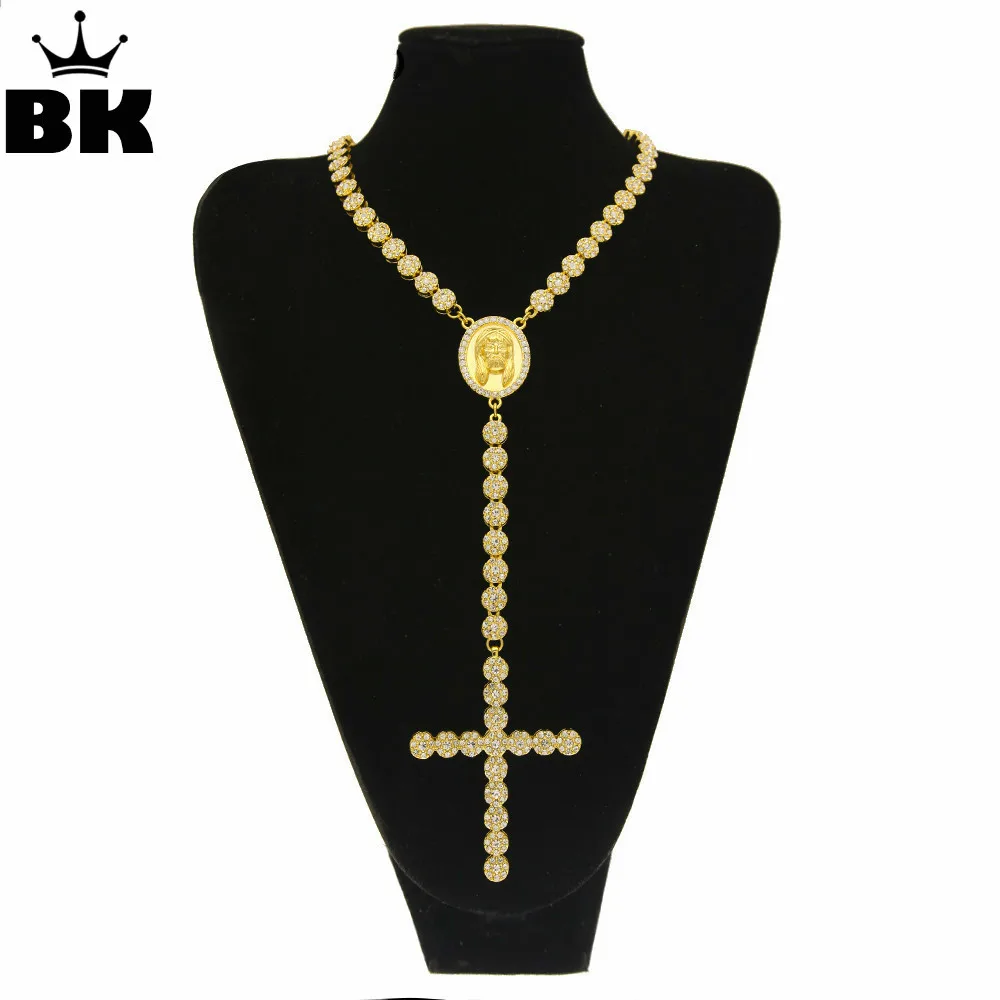 Men Women Gold Color Catholic Religious Jesus Cross Rosary Necklace Jewelry 1 Row Iced Out Rhinestone Hip Hop Cluster Chain Men Women Gold Color Catholic Religious Jesus Cross Rosary Necklace Jewelry 1 Row Iced Out Rhinestone Hip Hop Cluster Chain